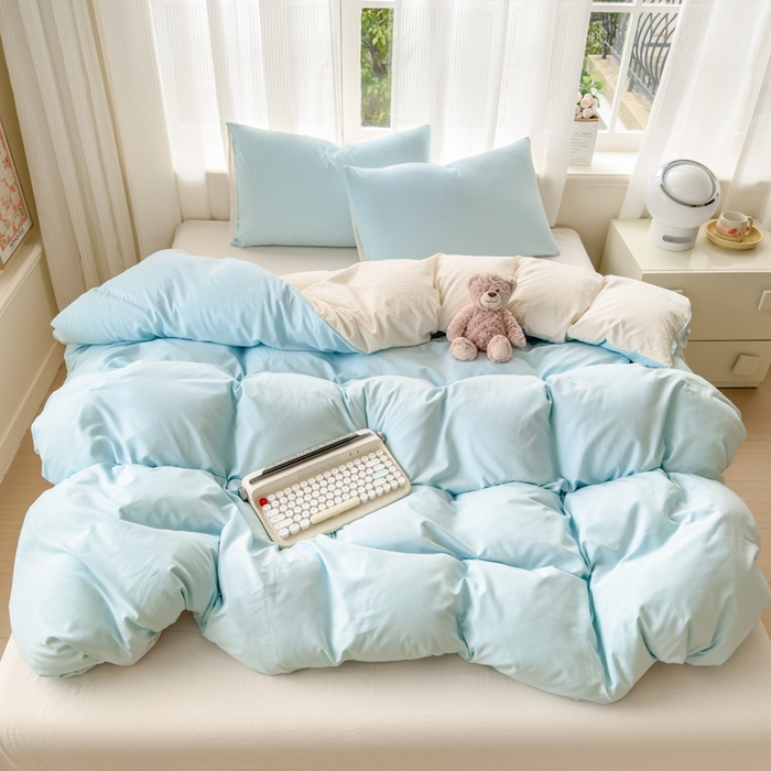 91家纺网 家纺一手货源 找家纺 优佳优品 2024新款亲肤水洗棉纯色四件套霜雪蔚蓝