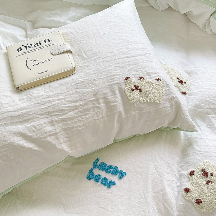 91家纺网 家纺一手货源 找家纺 韩巢家纺 2025新款超柔水洗棉小白熊毛巾绣四件套-（提供卖家秀） 小白熊白绿