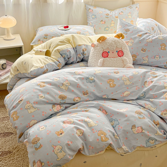 91家纺网 家纺一手货源 找家纺 西引力 2025开春新款全棉印花四件套单被套系列 狗狗家族兰