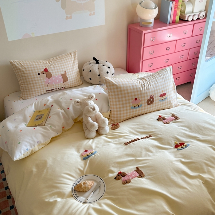 91家纺网 家纺一手货源 找家纺 美乐迪家纺 2025新款全棉毛巾绣四件套 腊肠狗