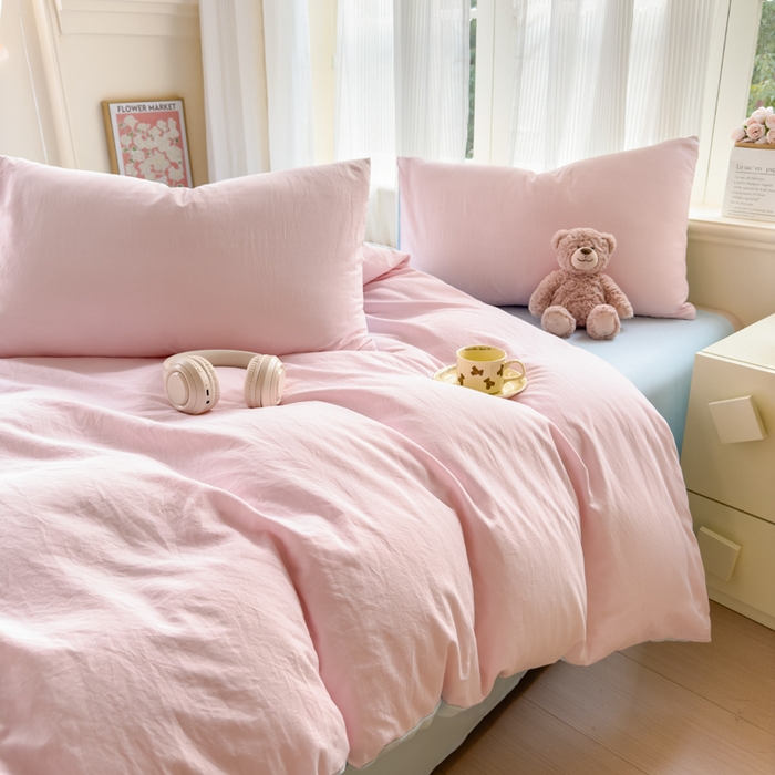 91家纺网 家纺一手货源 找家纺 优佳优品 2024新款亲肤水洗棉纯色四件套慕云粉