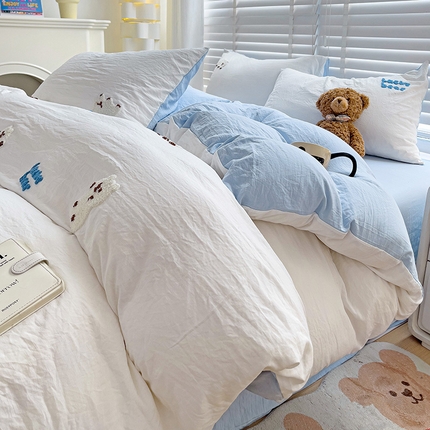 韩巢家纺 2025新款超柔水洗棉小白熊毛巾绣四件套-（提供卖家秀） 小白熊白蓝