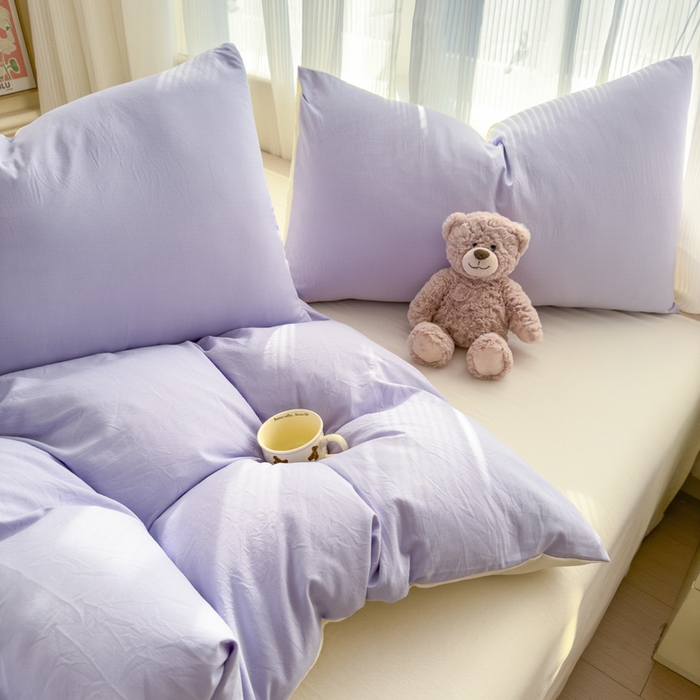 91家纺网 家纺一手货源 找家纺 优佳优品 2024新款亲肤水洗棉纯色四件套紫色时光