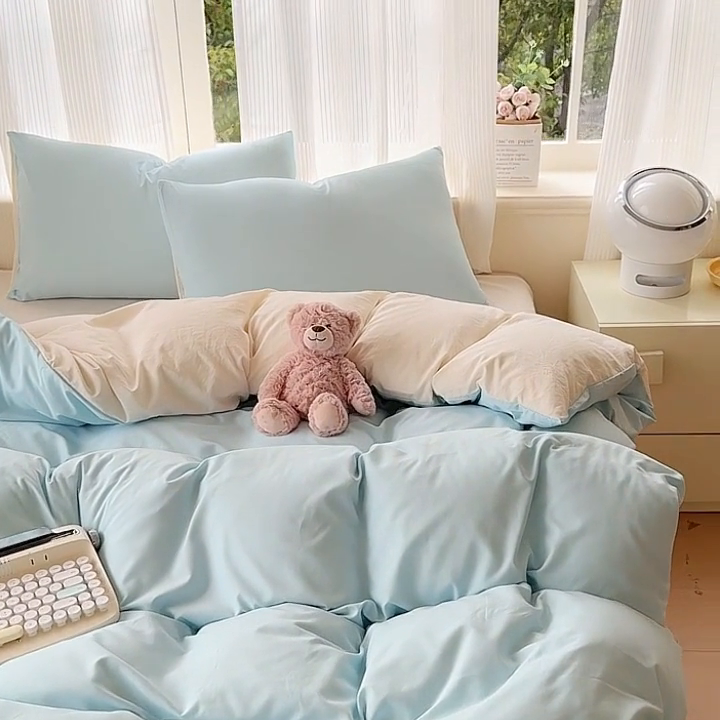 91家纺网 家纺一手货源 找家纺 优佳优品 2024新款亲肤水洗棉纯色四件套霜雪蔚蓝