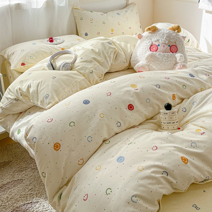 91家纺网 家纺一手货源 找家纺 西引力 2025开春新款全棉印花四件套单被套系列 笑脸