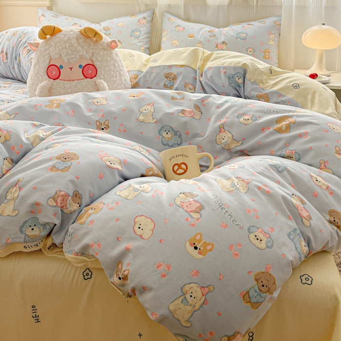 91家纺网 家纺一手货源 找家纺 西引力 2025开春新款全棉印花四件套单被套系列 狗狗家族兰