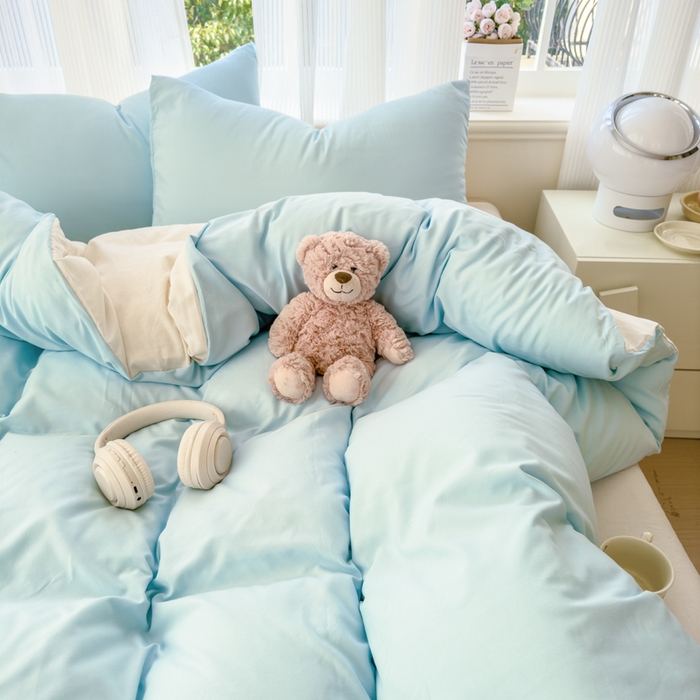 91家纺网 家纺一手货源 找家纺 优佳优品 2024新款亲肤水洗棉纯色四件套霜雪蔚蓝