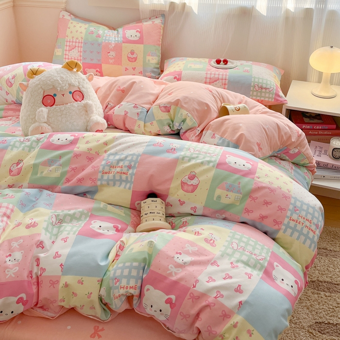 91家纺网 家纺一手货源 找家纺 西引力 2025开春新款全棉印花四件套单被套系列 可爱喵喵