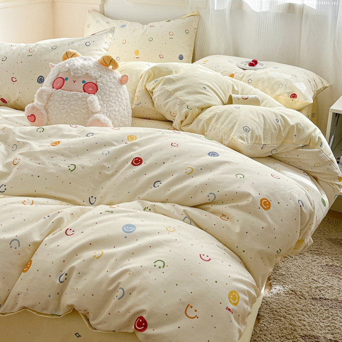 91家纺网 家纺一手货源 找家纺 西引力 2025开春新款全棉印花四件套单被套系列 笑脸