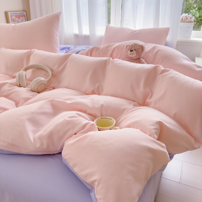 91家纺网 家纺一手货源 找家纺 优佳优品 2024新款亲肤水洗棉纯色四件套桃之夭夭