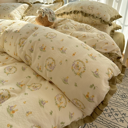 韩都2025黑花边双层纱水洗针织棉韩版公主风四件套 兔子欢喜