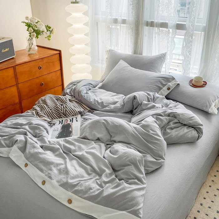 91家纺网 家纺一手货源 找家纺 库里梦家纺 2025新款贴边纽扣式纯色水洗棉四件套 贴边纽扣-雅灰