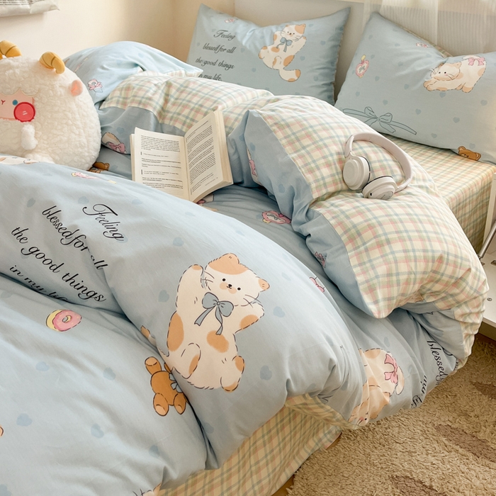 91家纺网 家纺一手货源 找家纺 西引力 2025开春新款全棉印花四件套单被套系列 猫咪酱