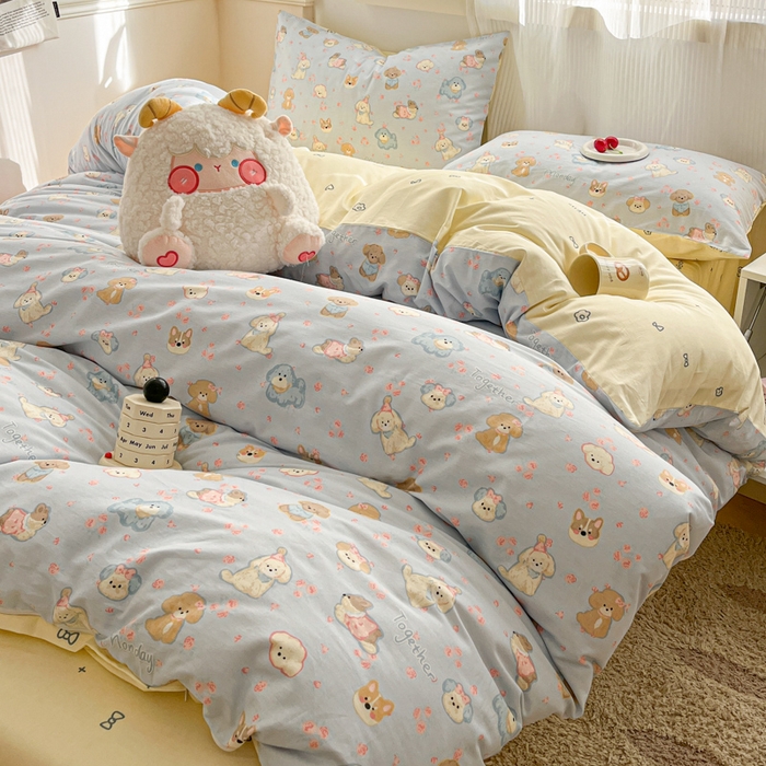 91家纺网 家纺一手货源 找家纺 西引力 2025开春新款全棉印花四件套单被套系列 狗狗家族兰