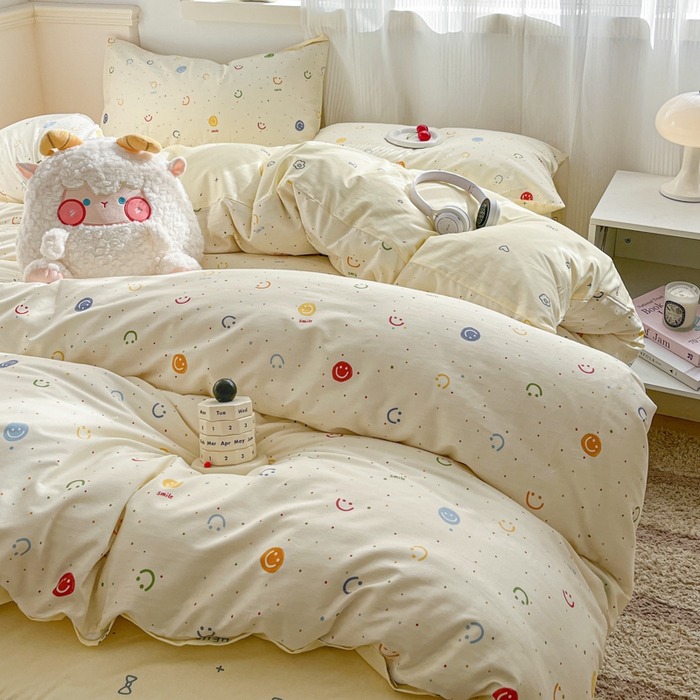 91家纺网 家纺一手货源 找家纺 西引力 2025开春新款全棉印花四件套单被套系列 笑脸