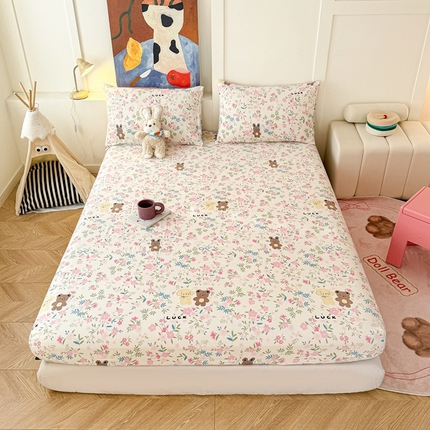温眠 2025新款A类亲肤水洗棉可爱卡通印花床笠 蜜罐小熊