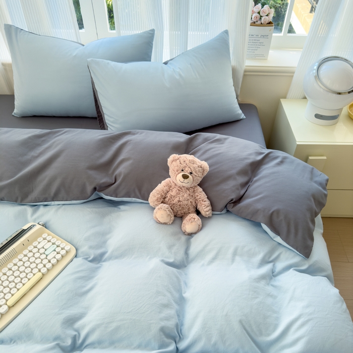 91家纺网 家纺一手货源 找家纺 优佳优品 2024新款亲肤水洗棉纯色四件套莫奈灰蓝