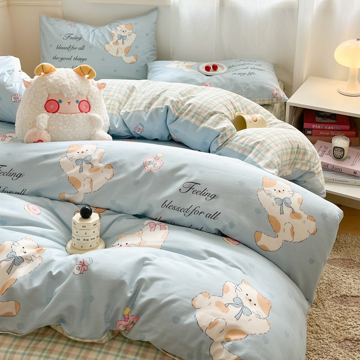 91家纺网 家纺一手货源 找家纺 西引力 2025开春新款全棉印花四件套单被套系列 猫咪酱