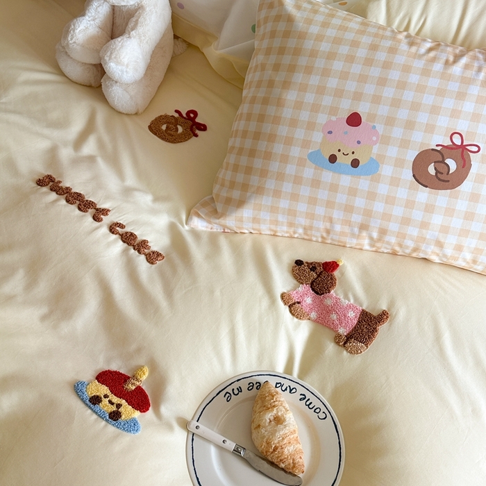 91家纺网 家纺一手货源 找家纺 美乐迪家纺 2025新款全棉毛巾绣四件套 腊肠狗