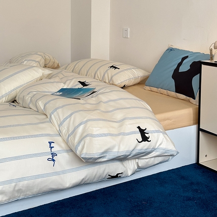 尺素 2025新款全棉印花活性A类纯棉数码四件套 散步的猫-浅驼