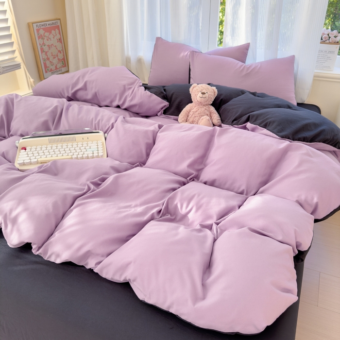 91家纺网 家纺一手货源 找家纺 优佳优品 2024新款亲肤水洗棉纯色四件套紫色星空