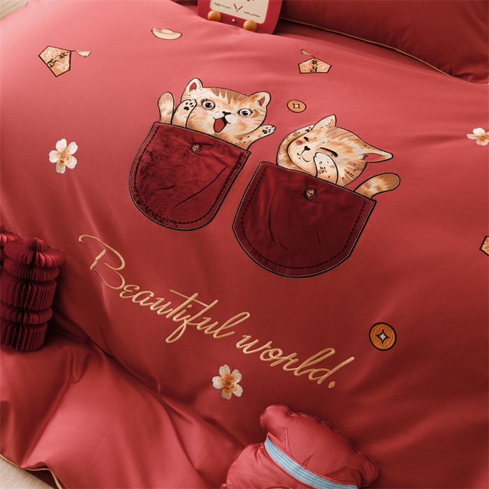 91家纺网 家纺一手货源 找家纺 （总）星野 2025新款双股澳棉刺绣贴布绣四件套-招财猫