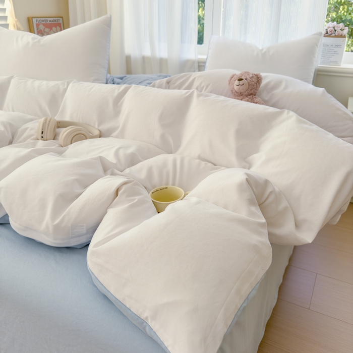 91家纺网 家纺一手货源 找家纺 优佳优品 2024新款亲肤水洗棉纯色四件套云朵冰蓝