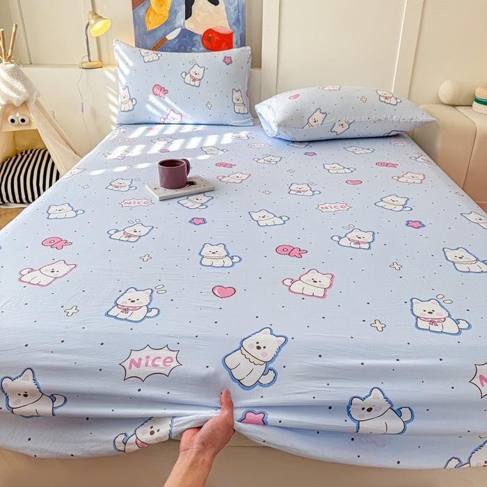 91家纺网 家纺一手货源 找家纺 温眠 2025新款A类亲肤水洗棉可爱卡通印花床笠 高西低