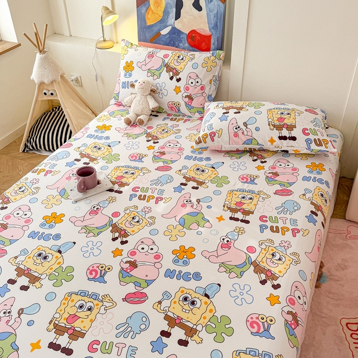 91家纺网 家纺一手货源 找家纺 温眠 2025新款A类亲肤水洗棉可爱卡通印花床笠 海绵伙伴