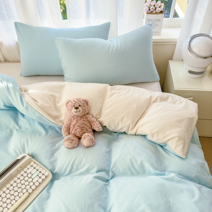 91家纺网 家纺一手货源 找家纺 优佳优品 2024新款亲肤水洗棉纯色四件套霜雪蔚蓝