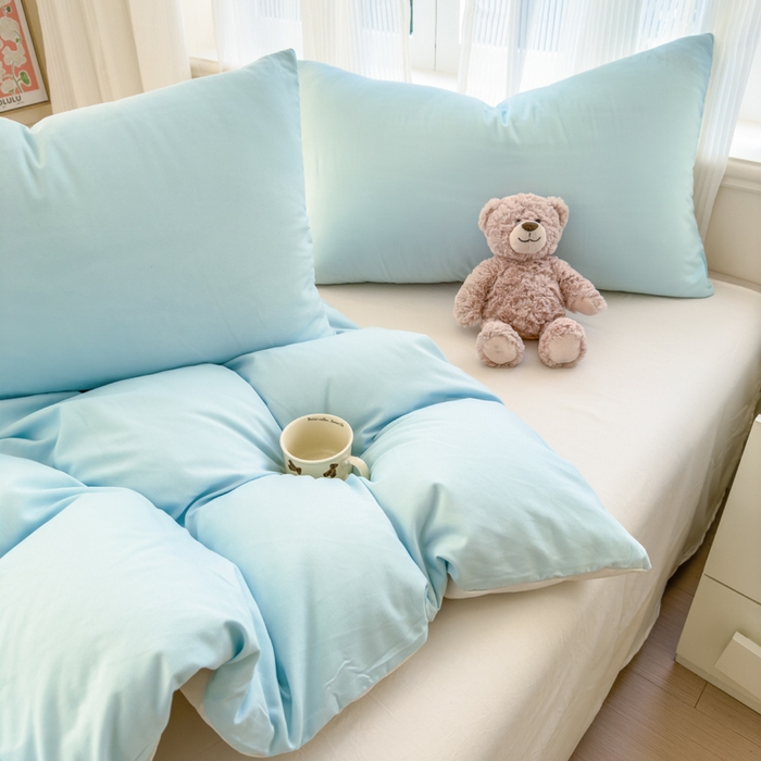 91家纺网 家纺一手货源 找家纺 优佳优品 2024新款亲肤水洗棉纯色四件套霜雪蔚蓝