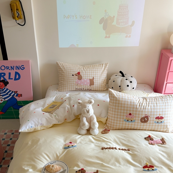 91家纺网 家纺一手货源 找家纺 美乐迪家纺 2025新款全棉毛巾绣四件套 腊肠狗