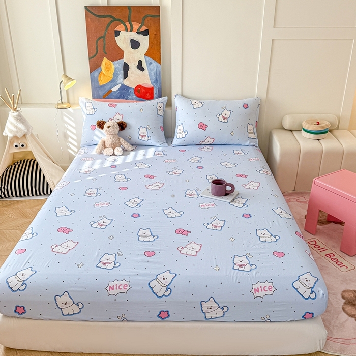 91家纺网 家纺一手货源 找家纺 温眠 2025新款A类亲肤水洗棉可爱卡通印花床笠 高西低