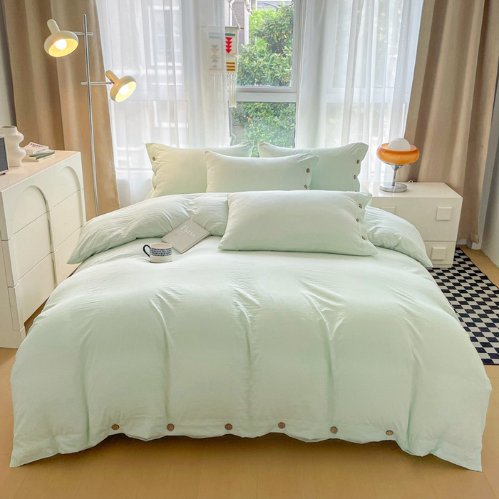 91家纺网 家纺一手货源 找家纺 库里梦家纺 2025新款水洗棉纽扣四件套学生季A类简约纯色无印风四件套 纽扣湖蓝