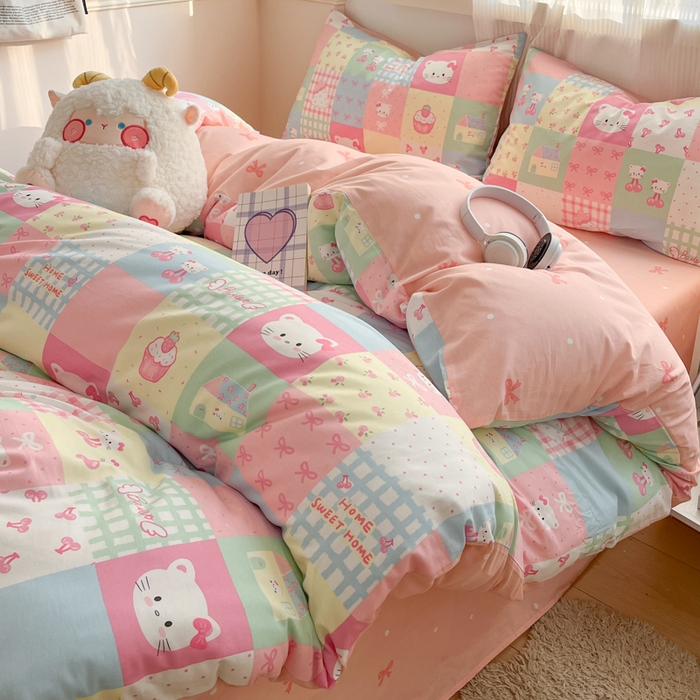91家纺网 家纺一手货源 找家纺 西引力 2025开春新款全棉印花四件套单被套系列 可爱喵喵