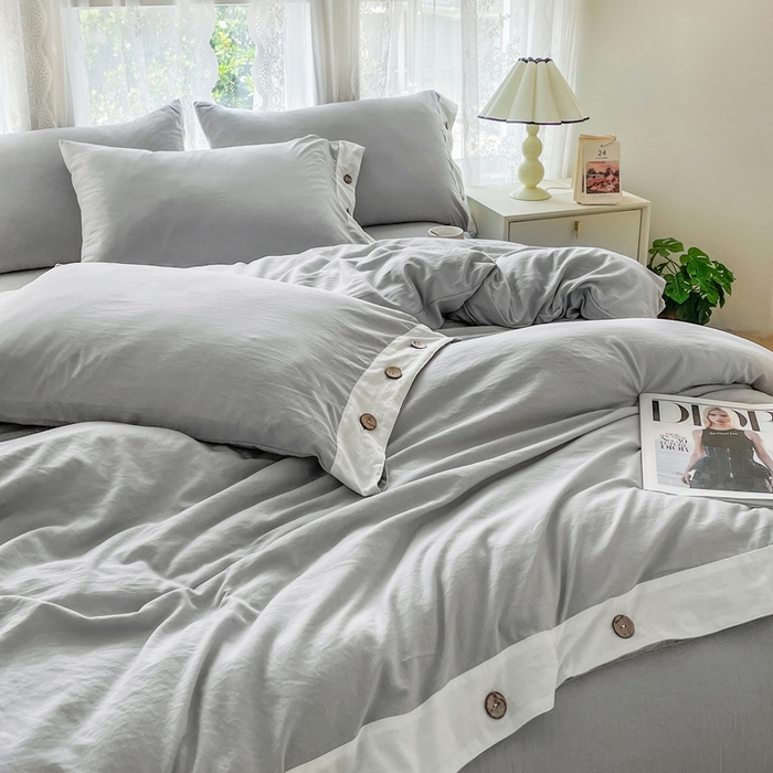 91家纺网 家纺一手货源 找家纺 库里梦家纺 2025新款贴边纽扣式纯色水洗棉四件套 贴边纽扣-雅灰