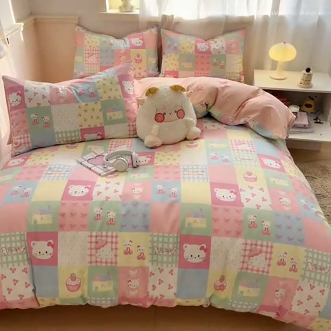 91家纺网 家纺一手货源 找家纺 西引力 2025开春新款全棉印花四件套单被套系列 可爱喵喵
