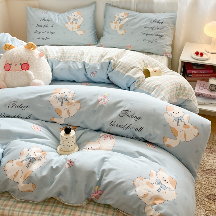 91家纺网 家纺一手货源 找家纺 西引力 2025开春新款全棉印花四件套单被套系列 猫咪酱