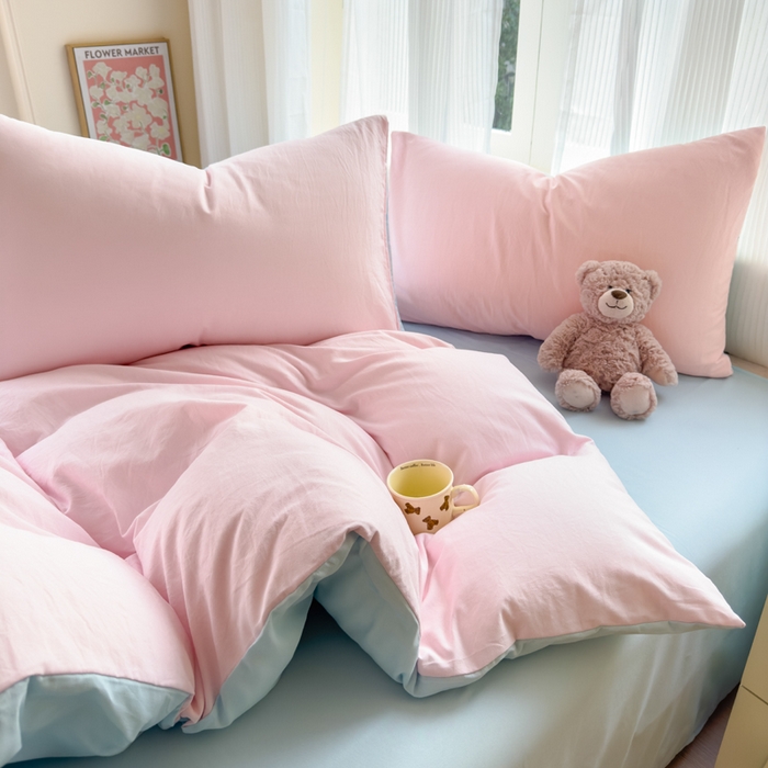 91家纺网 家纺一手货源 找家纺 优佳优品 2024新款亲肤水洗棉纯色四件套慕云粉