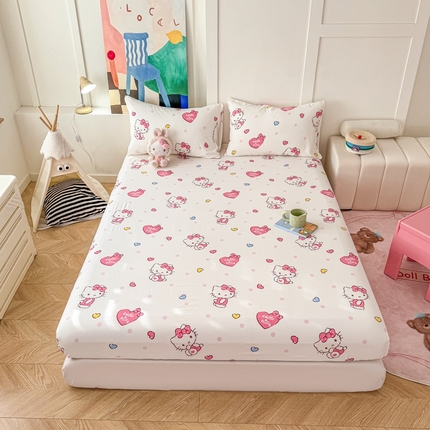 温眠 2025新款A类亲肤水洗棉可爱卡通印花床笠 爱心KT