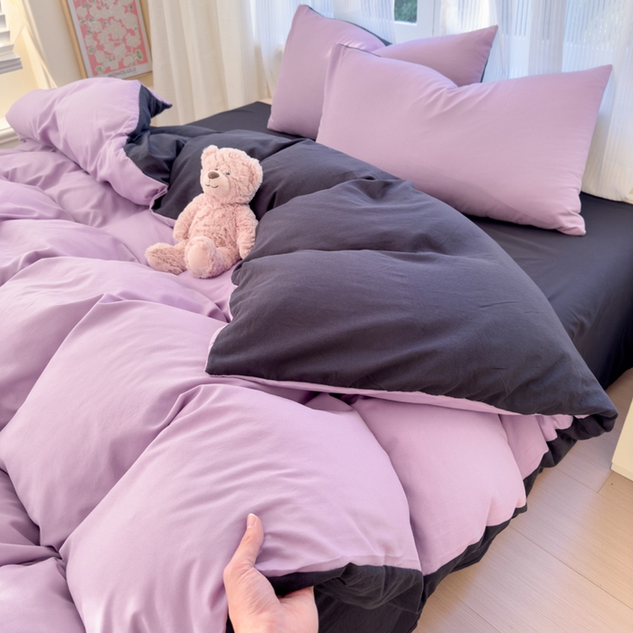 91家纺网 家纺一手货源 找家纺 优佳优品 2024新款亲肤水洗棉纯色四件套紫色星空