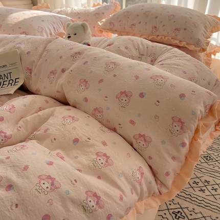 91家纺网 家纺一手货源 找家纺 韩都2025黑花边双层纱水洗针织棉韩版公主风四件套 小美