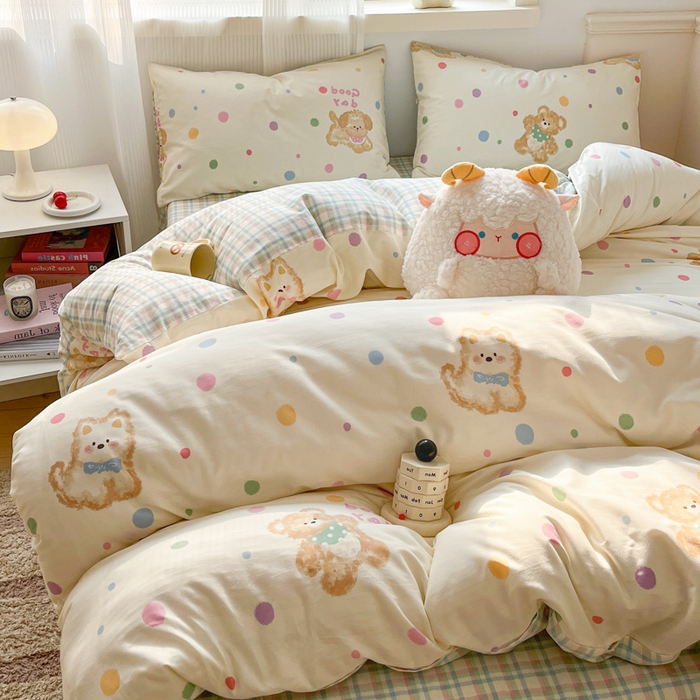 91家纺网 家纺一手货源 找家纺 西引力 2025开春新款全棉印花四件套单被套系列 假日小狗