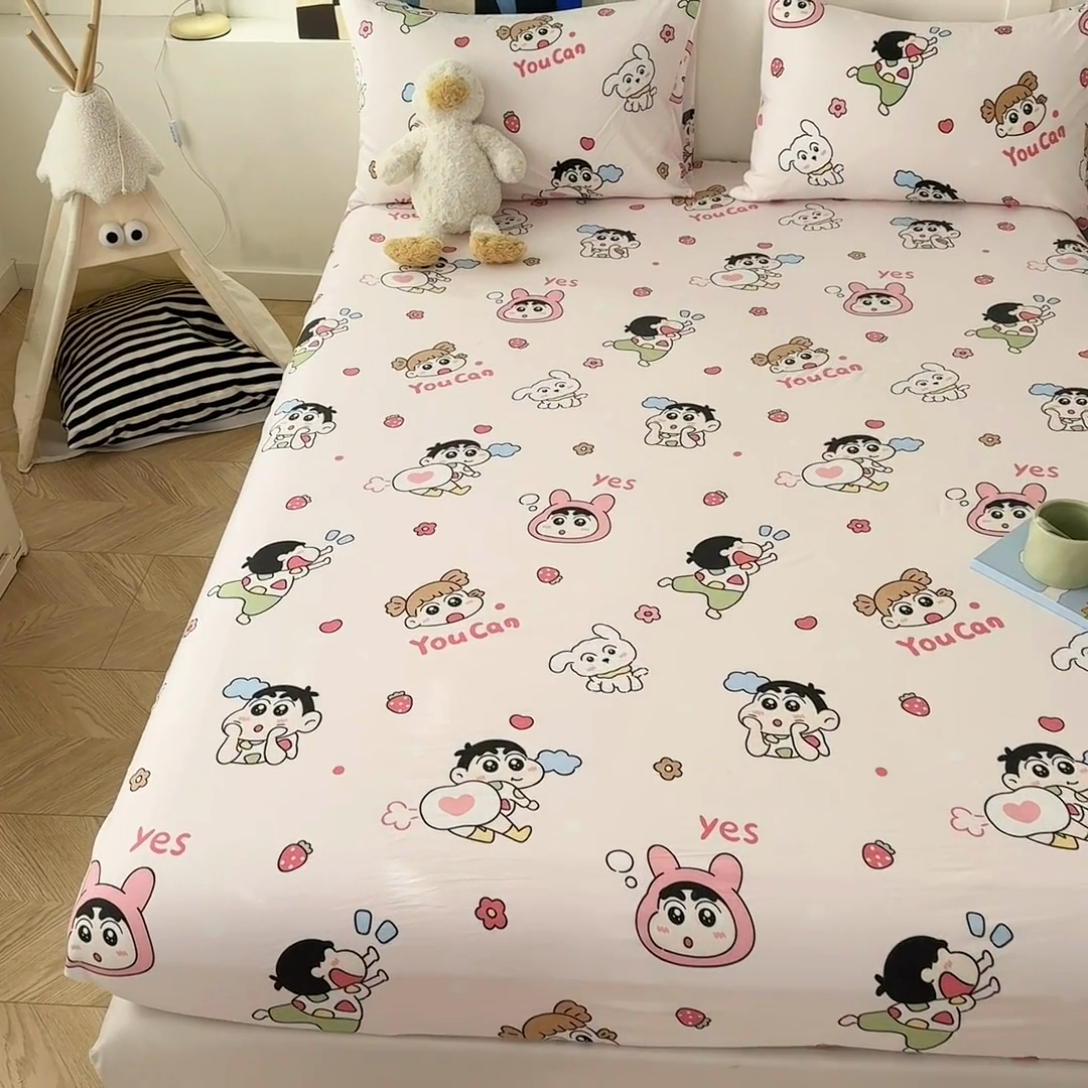 91家纺网 家纺一手货源 找家纺 温眠 2025新款A类亲肤水洗棉可爱卡通印花床笠 调皮小新