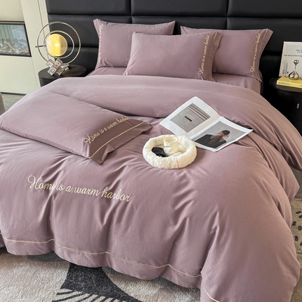 91家纺网 家纺一手货源 找家纺 买家秀 爆款花色不断货）A类母婴级纯棉磨毛四件套磨毛刺绣四件套纯棉四件套全棉磨毛四件套纯色双拼四件套 逸-丹砂紫