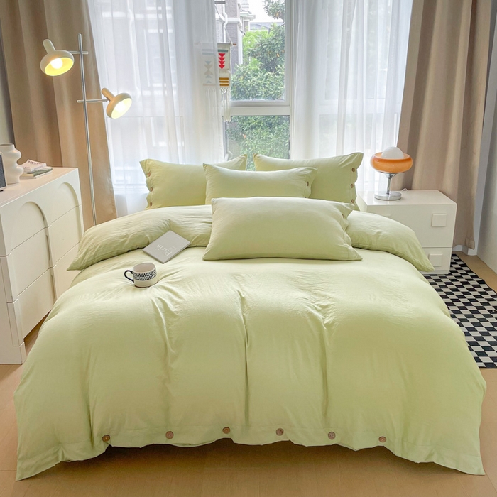 91家纺网 家纺一手货源 找家纺 库里梦家纺 2025新款水洗棉纽扣四件套学生季A类简约纯色无印风四件套 纽扣芥末绿