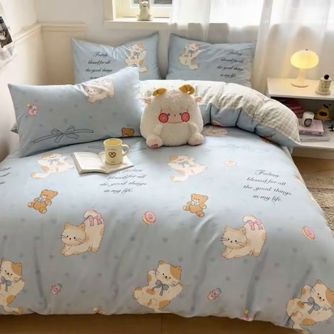 91家纺网 家纺一手货源 找家纺 西引力 2025开春新款全棉印花四件套单被套系列 猫咪酱