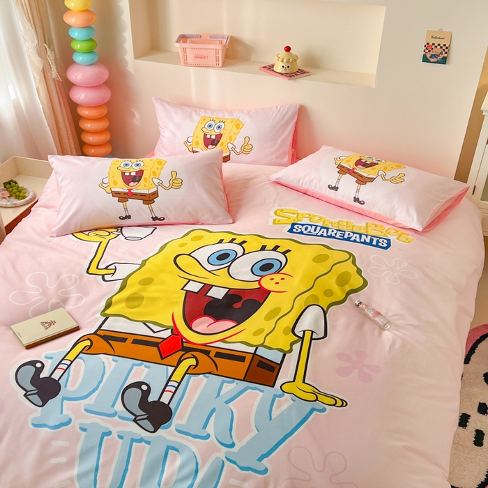 91家纺网 家纺一手货源 找家纺 金爱家纯棉数码印花系列四件套-海绵宝宝 棉D-爱喝海绵宝宝粉