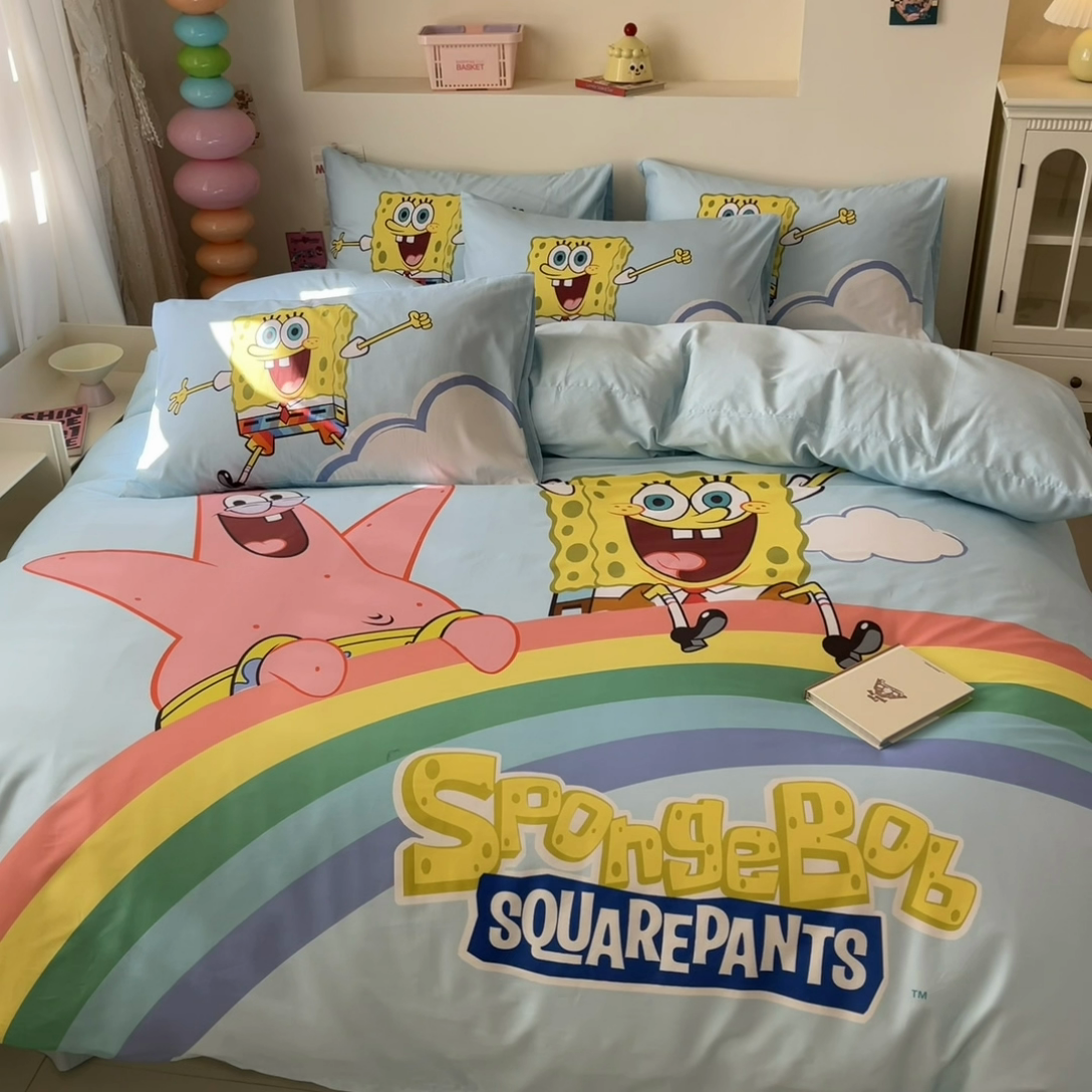 91家纺网 家纺一手货源 找家纺 金爱家纯棉数码印花系列四件套-海绵宝宝 棉D-彩虹海绵宝宝