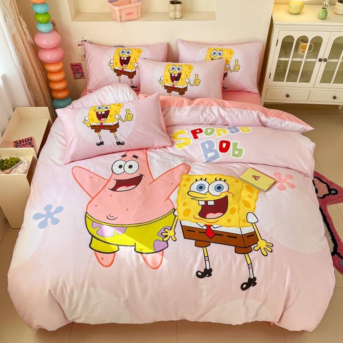 91家纺网 家纺一手货源 找家纺 金爱家纯棉数码印花系列四件套-海绵宝宝 棉D-粉粉海绵宝宝